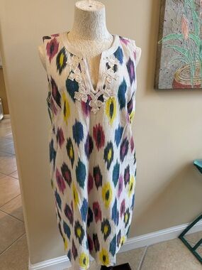 J Crew Sleeveless linen Ikat-Print Shift Dress in White with Multicolor Accents